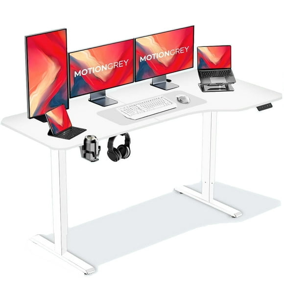 MotionGrey - Ergo2 XL Adjustable Right L-Shaped Electric Standing Desk with Memory Settings - 63"x24" White Top White Frame Ergonomic Desk for Home and Office