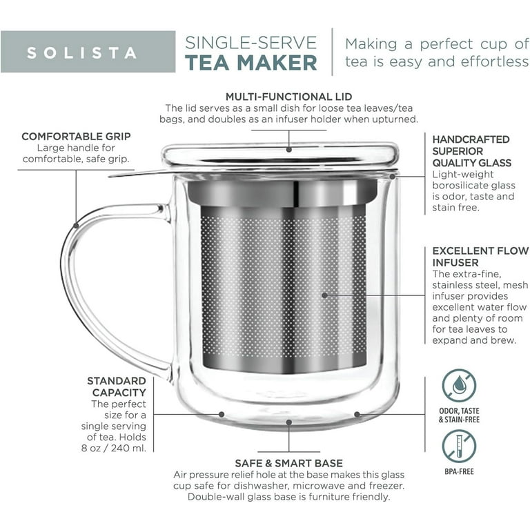 Teabloom Single-Serve Tea Maker - Double Wall Glass Cup with Infuser Basket  and Lid for Steeping, Solista Brewing Mug (8 OZ)