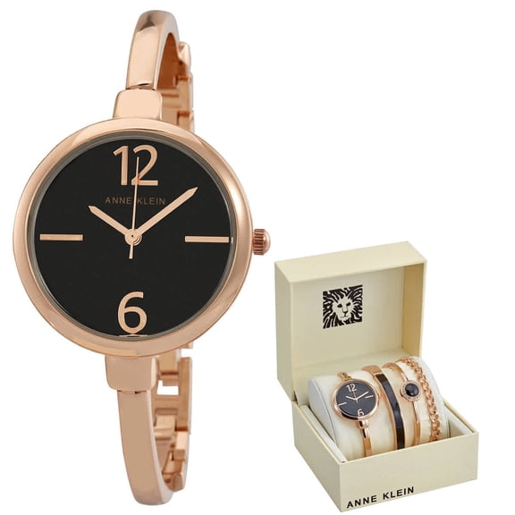 Anne Klein Rose Gold-Tone Black Dial Bangle Set Ladies Watch