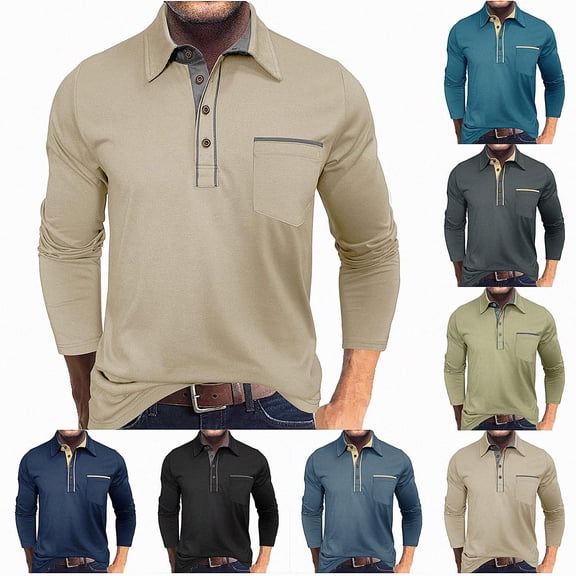 WAVSUF Men's Knitted Cotton Tee Long Sleeve Turn Down Collar Loose Fit Fall Casual Daily Shirts XL