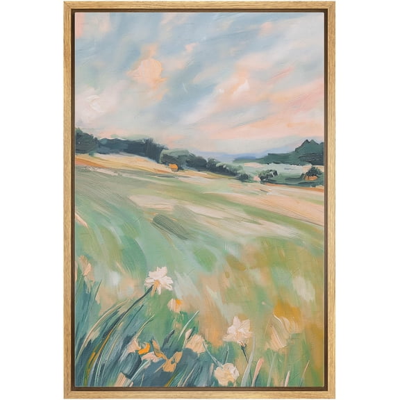IDEA4WALL Framed Canvas Wall Art Abstract Pastoral Landscape Tranquil Countryside Illustrations Colorful Wilderness Modern Art Boho Relax/Calm for Living Room, Bedroom, Office - Natural 24"x36"