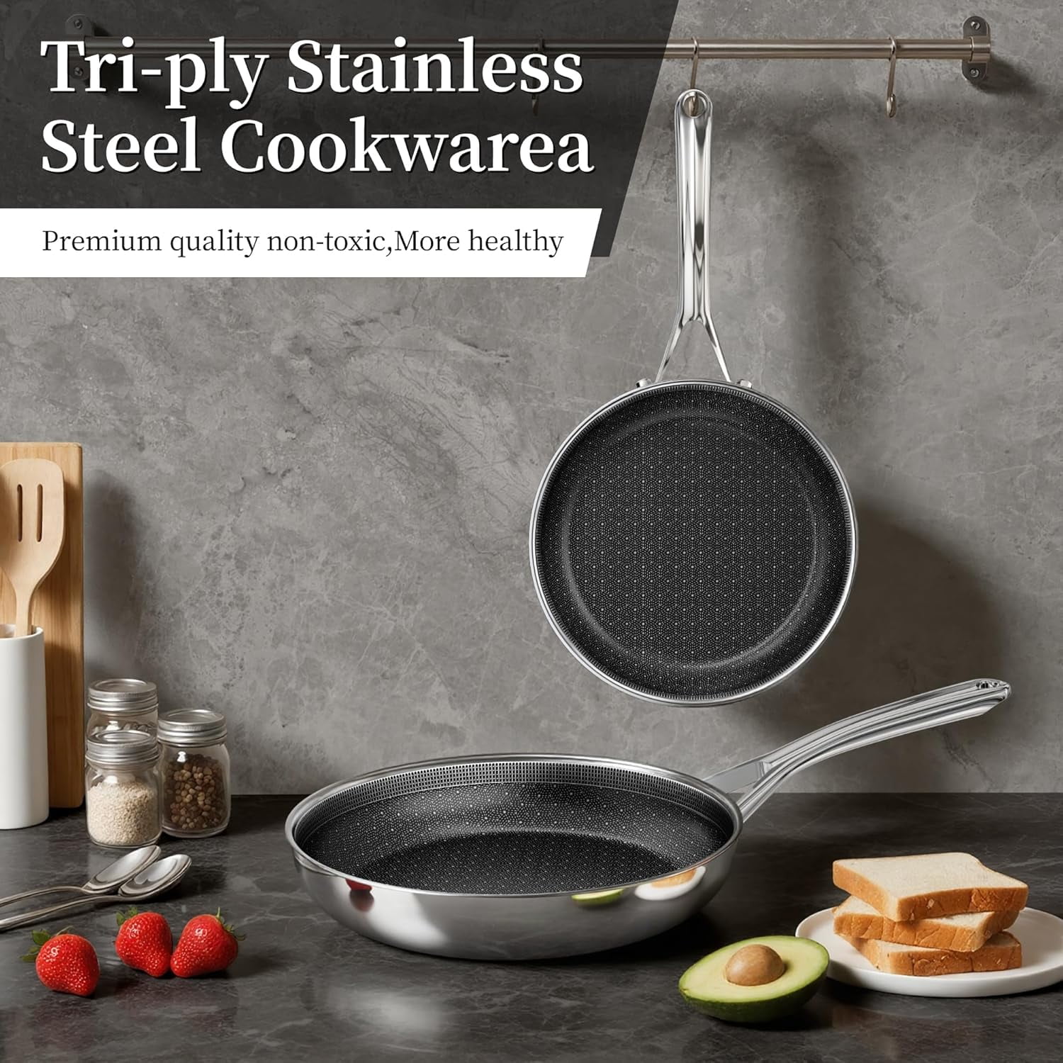 11 Inch Non Stick Frying Pan Stainless Steel Ceramic Skillet PFAS  Induction Compatible