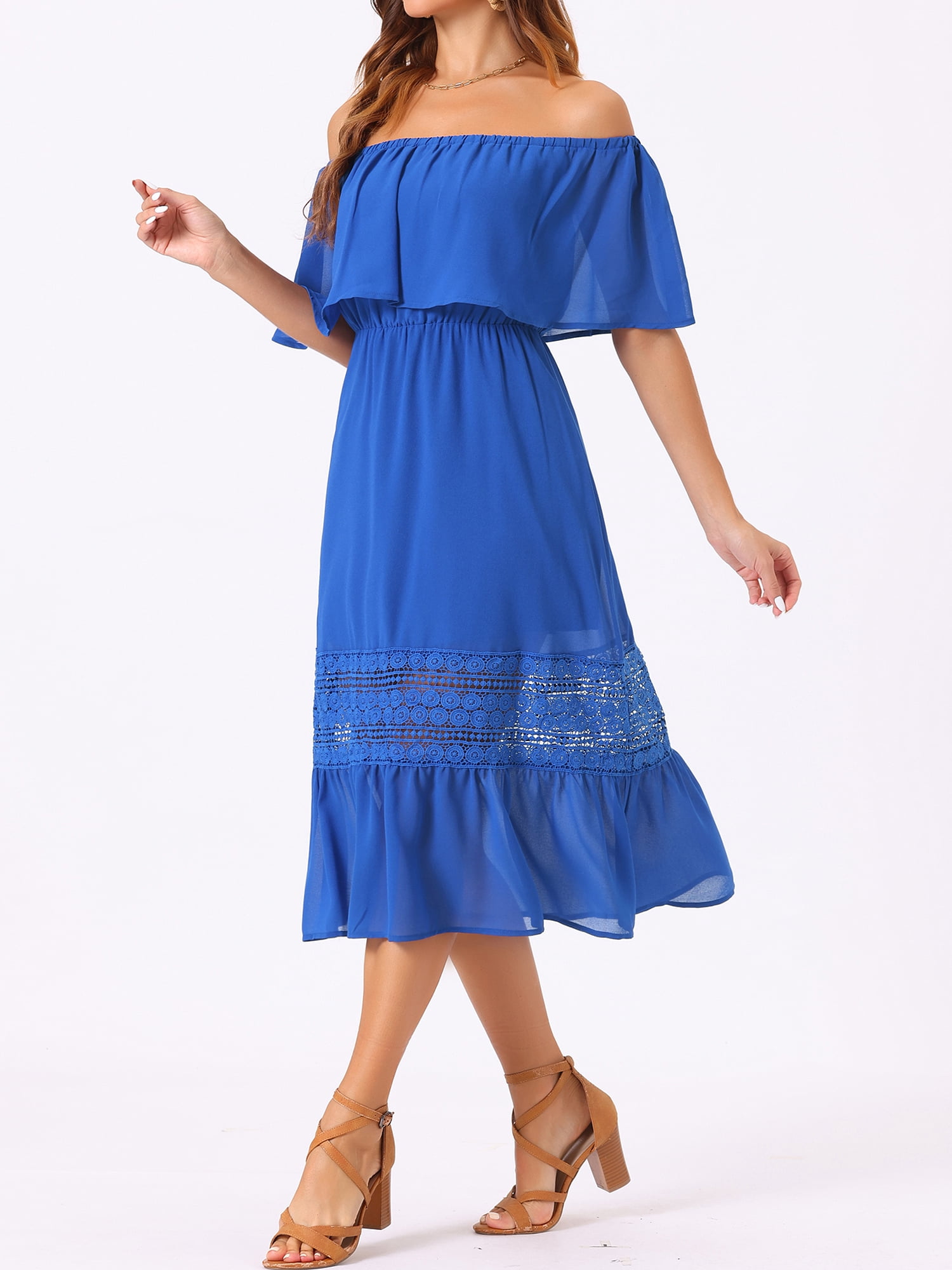 DARING DIVA Women's Off Shoulder Flutter Sleeve Maxi Dress M Royal Blue