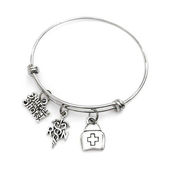 Nurse themed bracelet. Includes Nurses Call the Shots, a Caduceus, and a Nurse hat. Nurse Expandable bangle. Nurse Appreciation gift.