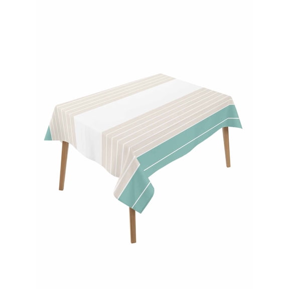 Turquoise Beige Stripe Table Cloth, Modern Art Horizontal Striped Waterproof Tablecloth for Rectangle Tables, Reusable Washable Fabric Table Cover for Restaurant Kitchen Dining Tables 60"x84"