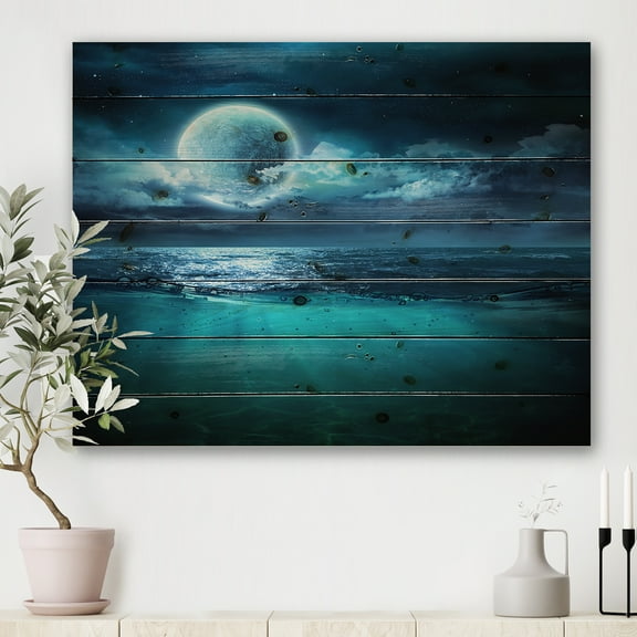 Designart 'Romantic Moon and Clouds Over Deep Blue Sea II' Nautical & Coastal Print on Natural Pine Wood