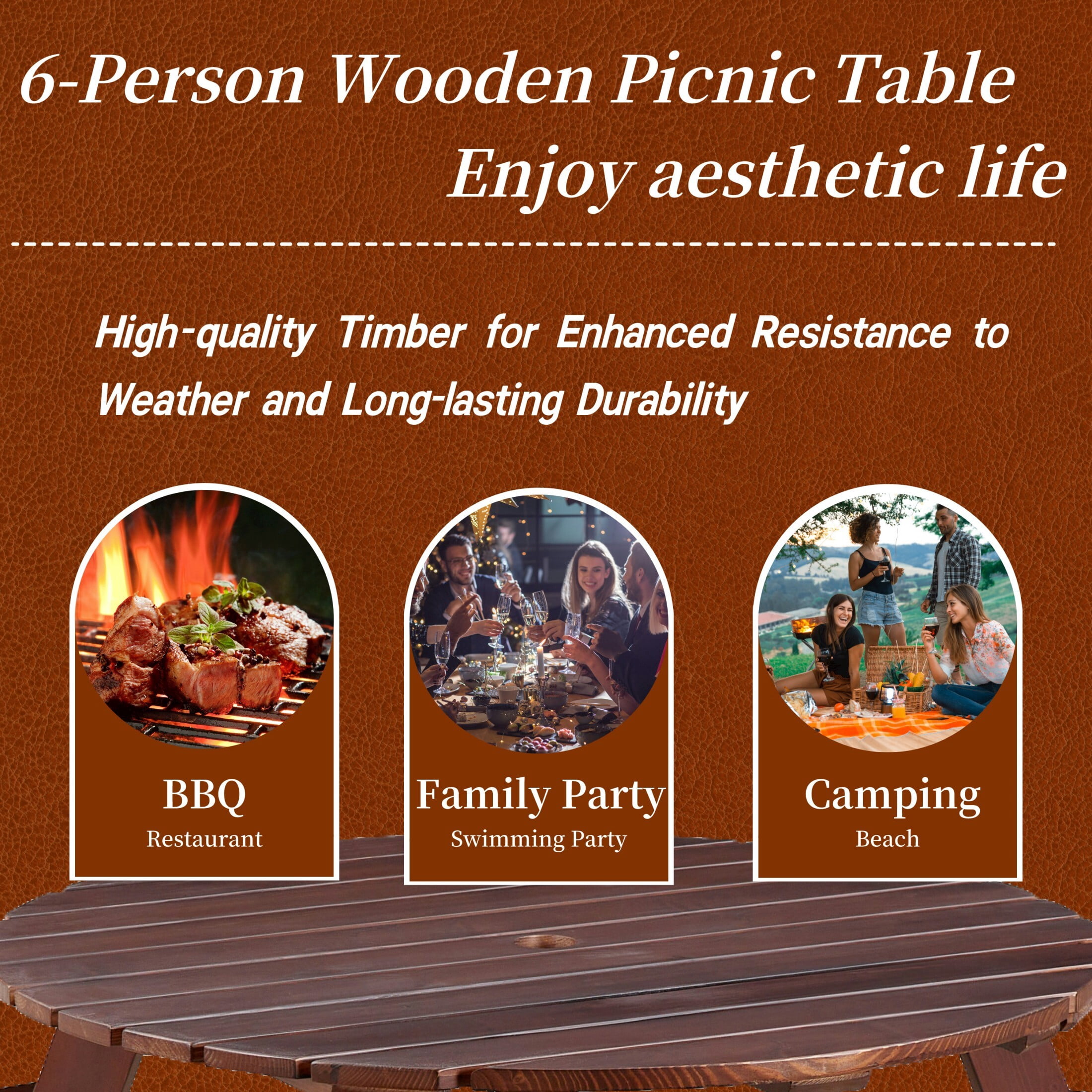 DEALTOPS 6 Person Wood Picnic Table with 3 Built-in Benches, Outdoor Round Table and Bench Set with Umbrella Hole for Park, Brown