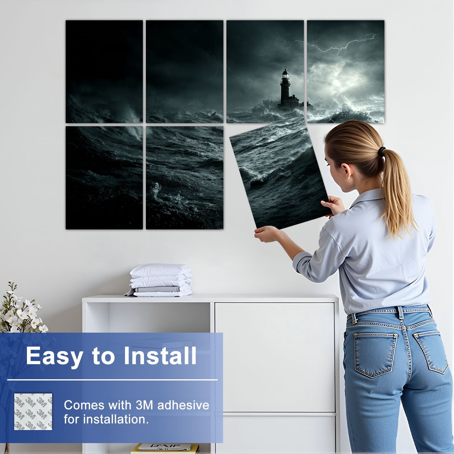 8 Pack Art Acoustic Panels Sound Absorbing Moody Lighthouse Scene Violent Waves Dark Storm Clouds Decorative Soundproof Wall Panels Self Adhesive for Nursery Game Room Bedroom 48"x32"