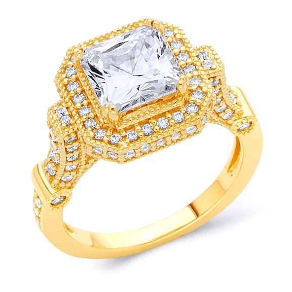 Wellingsale Ladies Solid 14k Yellow Gold Polished Radiant Cut 4 Prong CZ Cubic Zirconia Pave Milgrain Cocktail Engagement Ring - Size 4