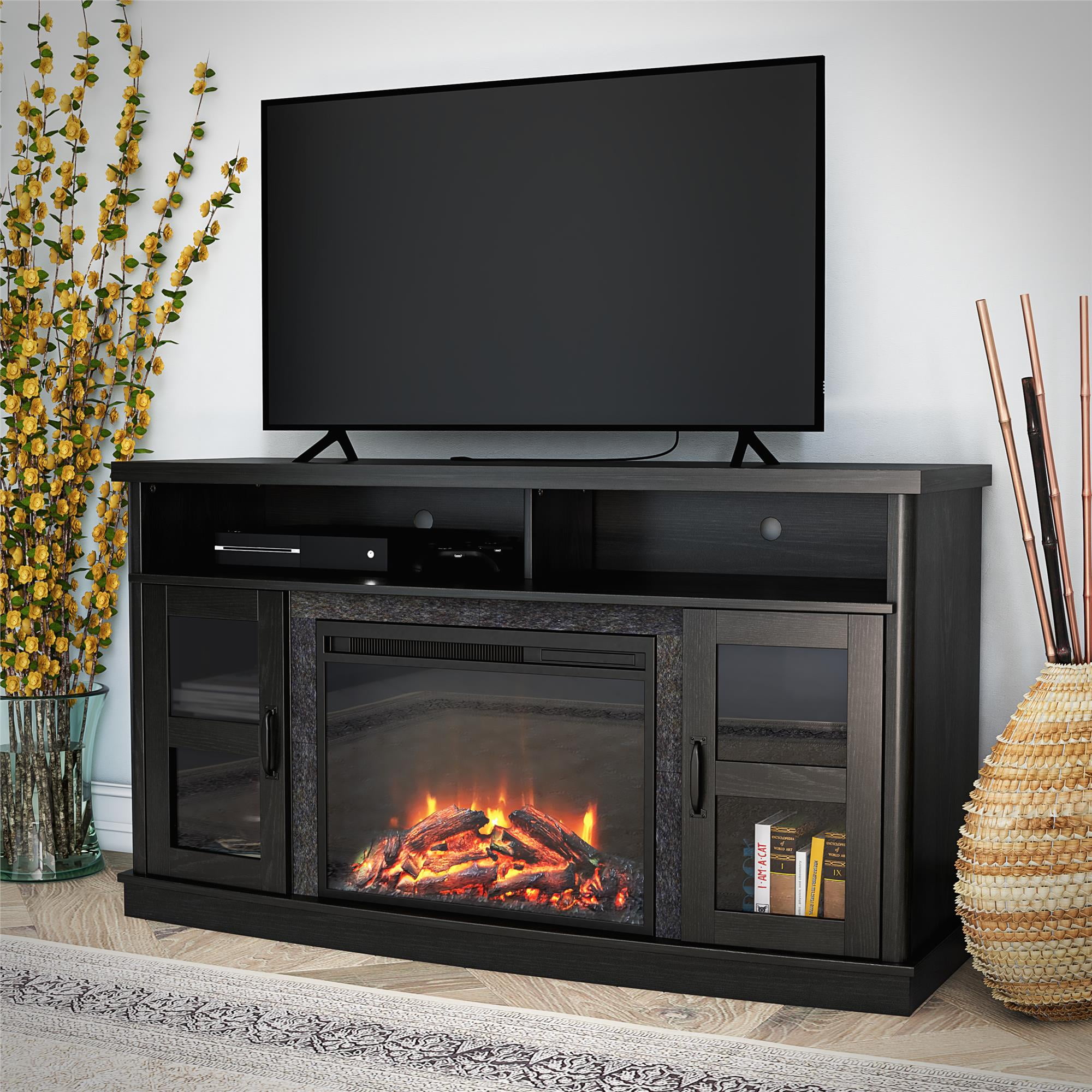 Ameriwood Home Brunswick Bay Fireplace Console with Glass Doors for TVs ...