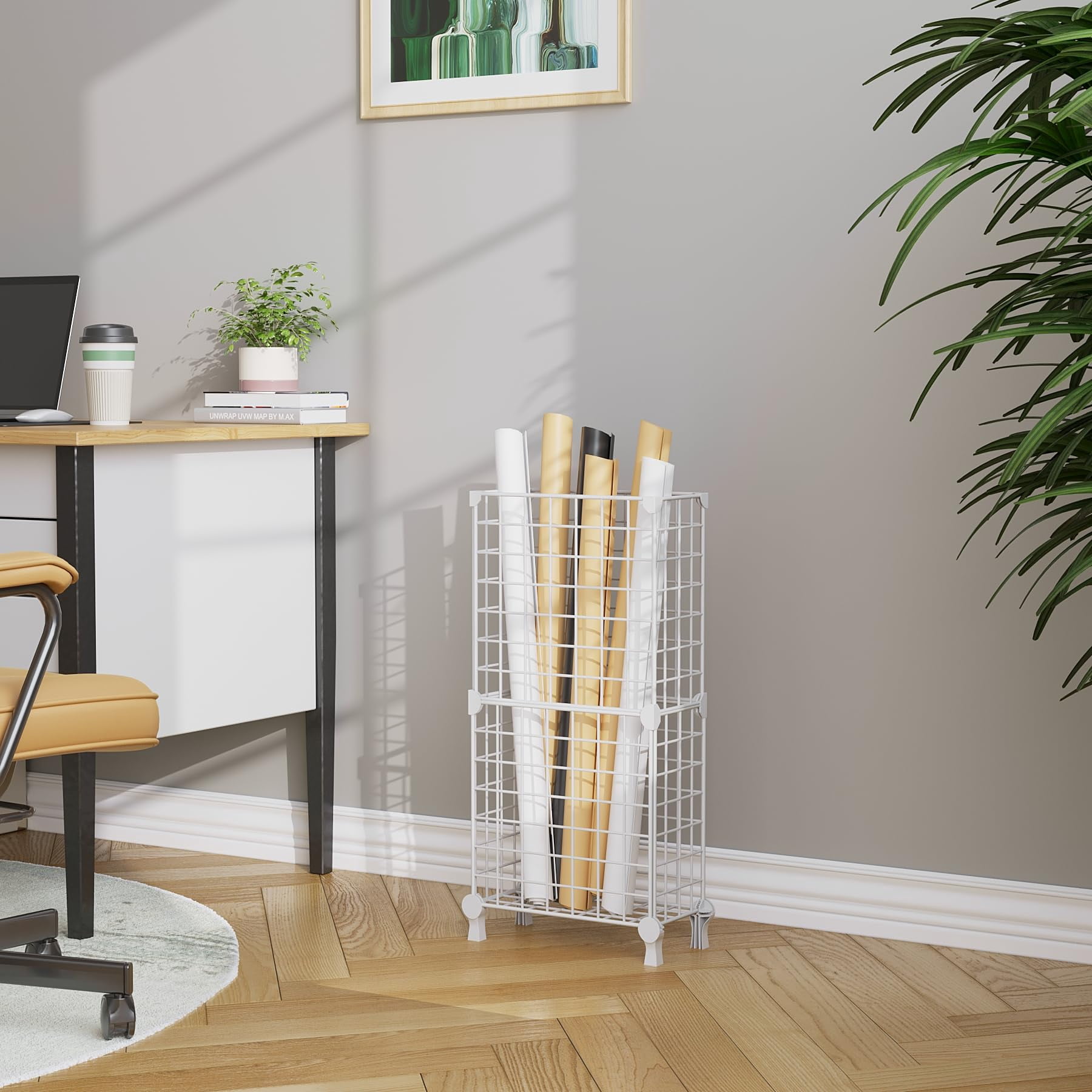 Umbrella Holder Entryway  Stand Freestanding Metal Square Rack Organizer With A Removable Drip Tray Hooks White