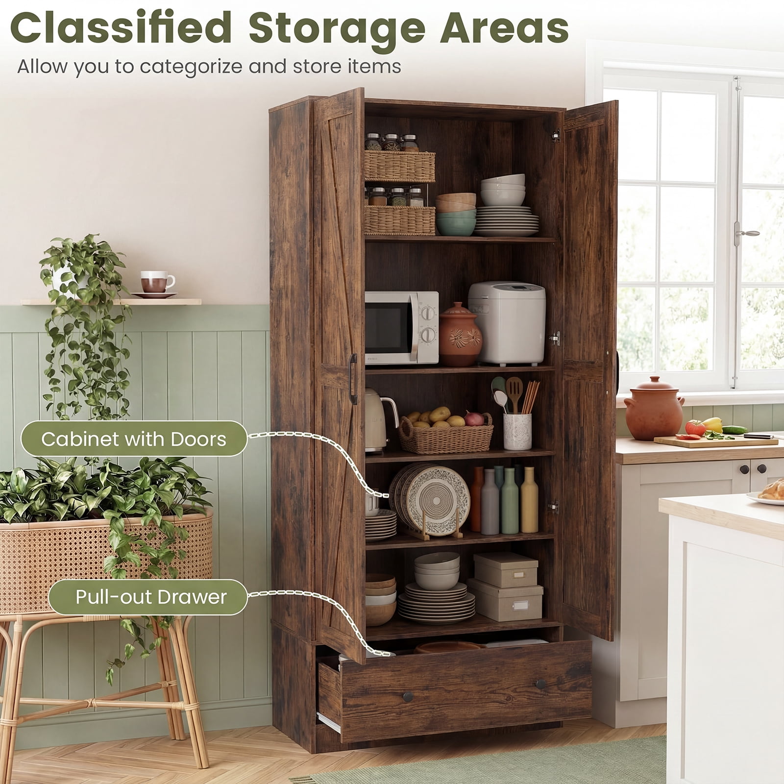Costway 72" Tall Kitchen Pantry Cabinet, Farmhouse Wooden Cupboard with 2 Doors, Drawer Rustic Brown