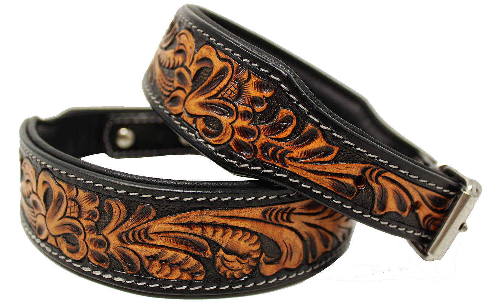 Large 21''- 25''  Heavy Duty Padded Leather Floral Tooled Dog Collar 60FK10