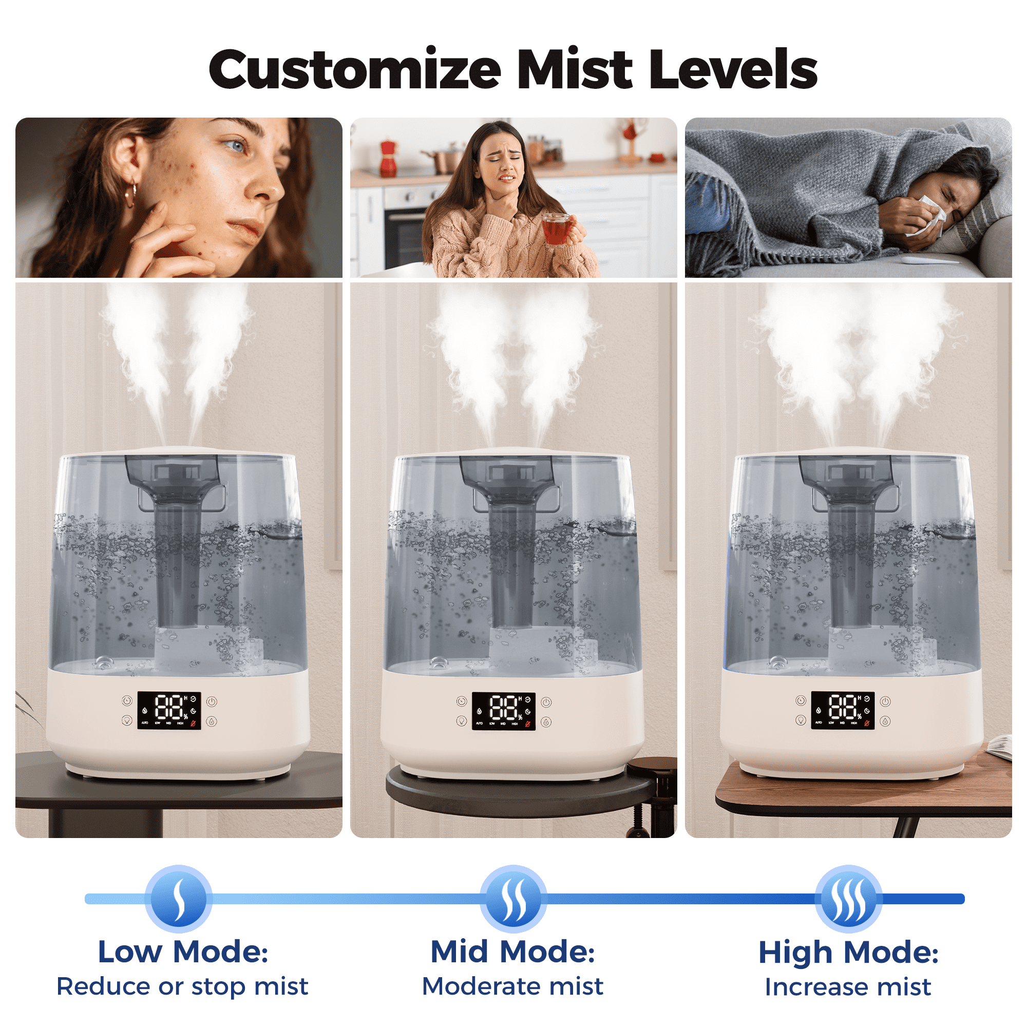 6L Humidifiers for Bedroom Baby Room, Cool Mist Ultrasonic Humidifier with Humidity Sensor, Top Fill 60H & 28dB Quiet Runtime, 8+1 Color Night Lights, 360° Dual Nozzle--Gray