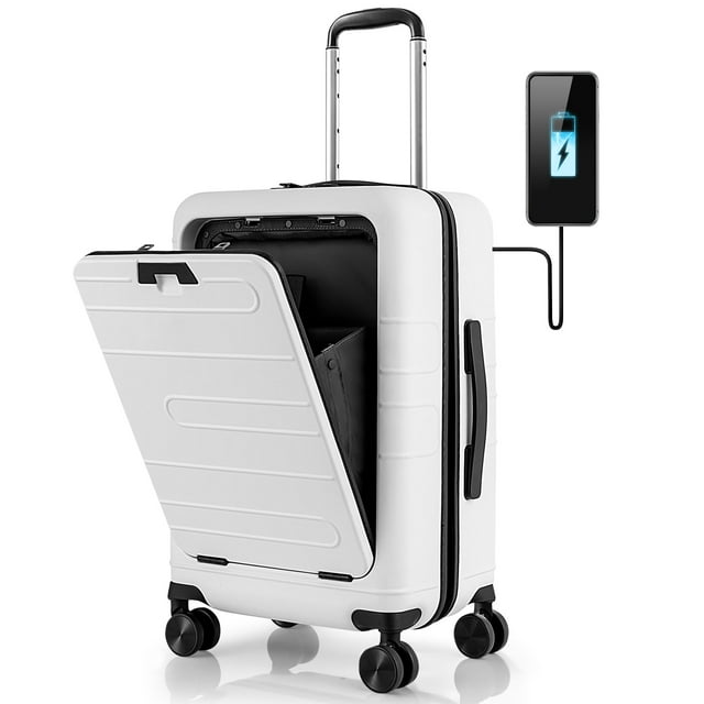 Costway Valise Cabine Rigide 20 Pouces avec Serrure TSA, Poche avant et Port USB, Blanc
