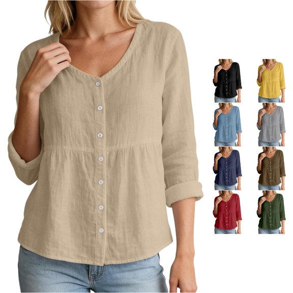 Kingdiese Womens V Neck Solid Color Long Sleeved Button Down Blouse Casual T Shirt Loose Tees for Women, Size XL