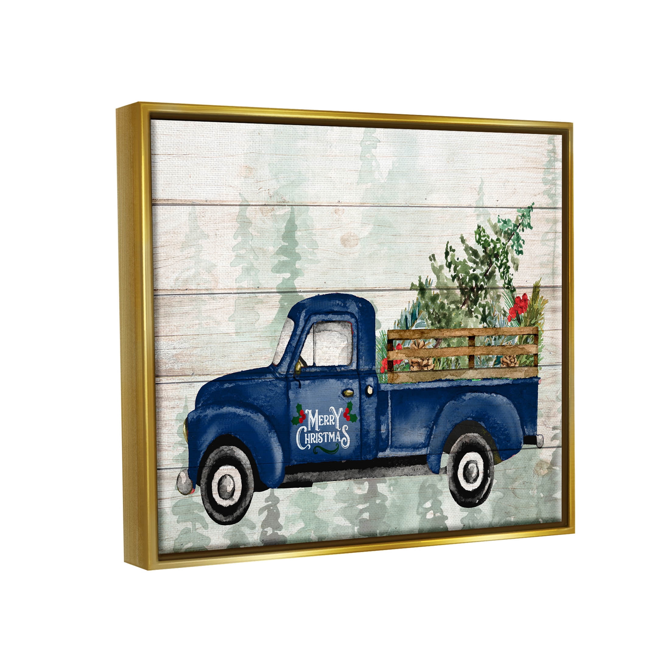 Stupell Industries Merry Christmas Blue Holiday Truck Graphic Art Metallic Gold Floating Framed Canvas Print Wall Art, Design by Kim Allen