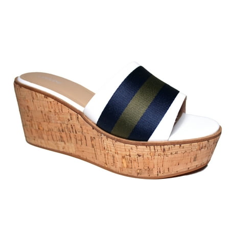

Lands End Platform Cork Wedge Sandal Women s Size 7 White-Blue-Olive Stripe