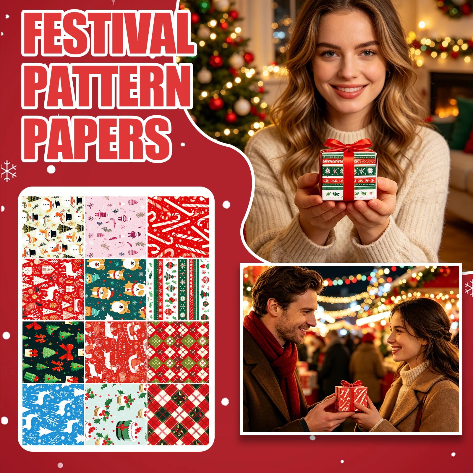 MInHoues Christmas Decorative Wrapping Papers 12 Sheets 6 ×6 Xmas Pattern Craft Papers for Gift Wrapping Scrapbooking DIY Hand‑Craft & Christmas Present Decoration - Style D