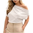thumbnail image 2 of Gamivast Off Shoulder Tops for Women Short Sleeve Draped Blouses Casual Asymmetrical Shirts Elegant Ruched Tunic for Work Office Party Daily Wear Summer Outfits White M, 2 of 4
