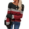 thumbnail image 3 of Women Autumn Winter Colorblock Pullover Sweaters Round Neck Striped Slim Fitting Knitwear Tops, 3 of 9