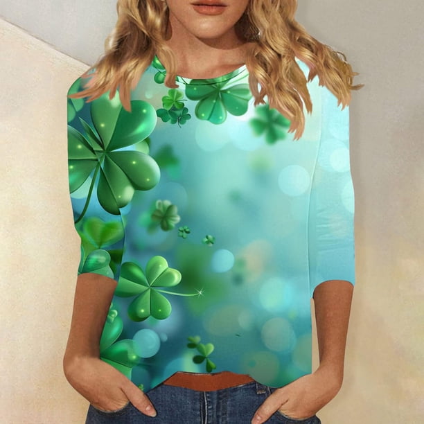 Xuyuer St. Patrick's Day Shamrock 3/4 Sleeve Tee - Ladies' Printed Round Neck 3/4 Sleeve Loose Top for Irish Festival Parades, Pub Celebration Outfits, and Themed Lucky Charm Casual Streetwear