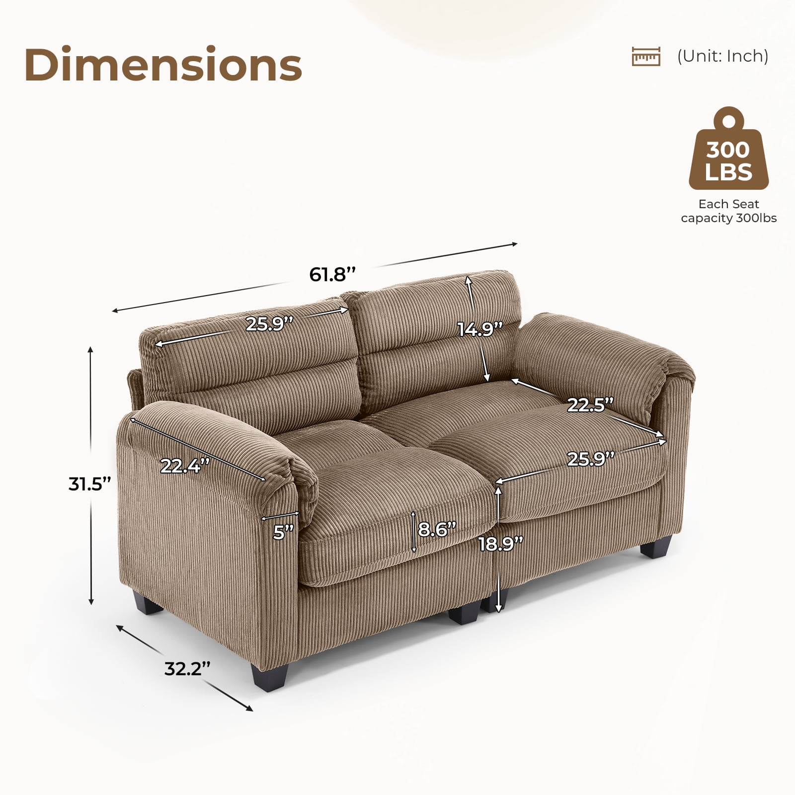 Bonzy Home Modern Loveseat Modular Sectional Sofa Couches for Living Room Entertaining Guests or Relaxing Alone for Small Spaces Apartment Brown