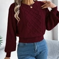 thumbnail image 4 of Htigea Womens Cable Knit Cropped Sweater Fall Lantern Long Sleeve Crew Neck Jumper Loose Casual Pullover Tops Wine S, 4 of 8