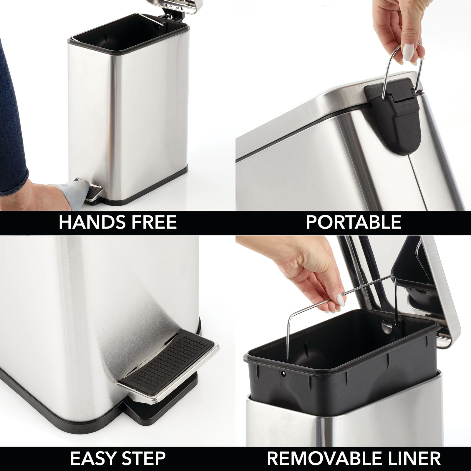 mDesign Slim Metal 2.6 Gallon Step Trash Can, Lid/Liner Bucket, Brushed Chrome