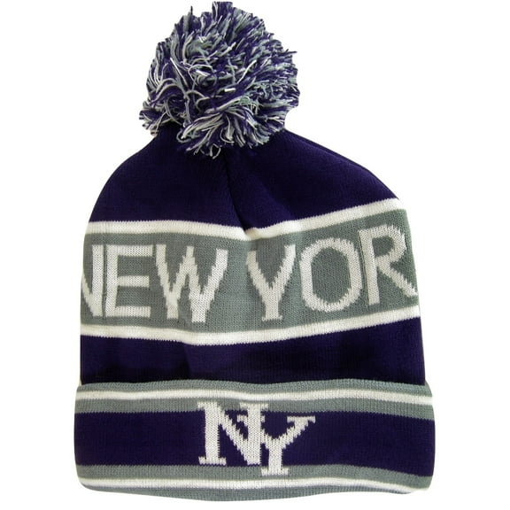 New York City NY Men's 2-Tone Winter Knit Pom Beanie Hats (Gray/Purple)