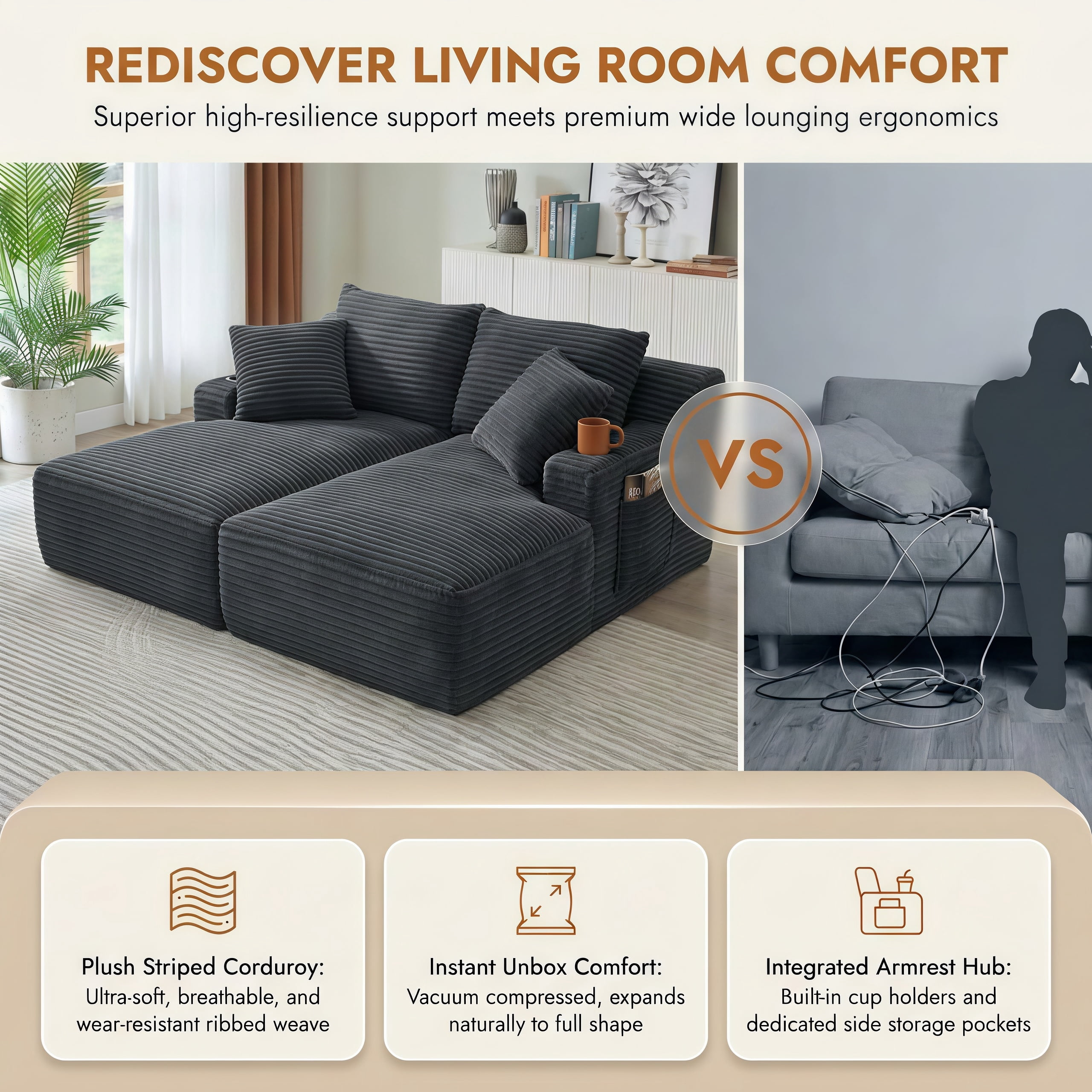 Modular Double Chaise Lounge Chair Indoor, 71" Wide Striped Corduroy Couch Set with Cup Holders & Storage Pockets for Living Room Home Theater, Dark Gray