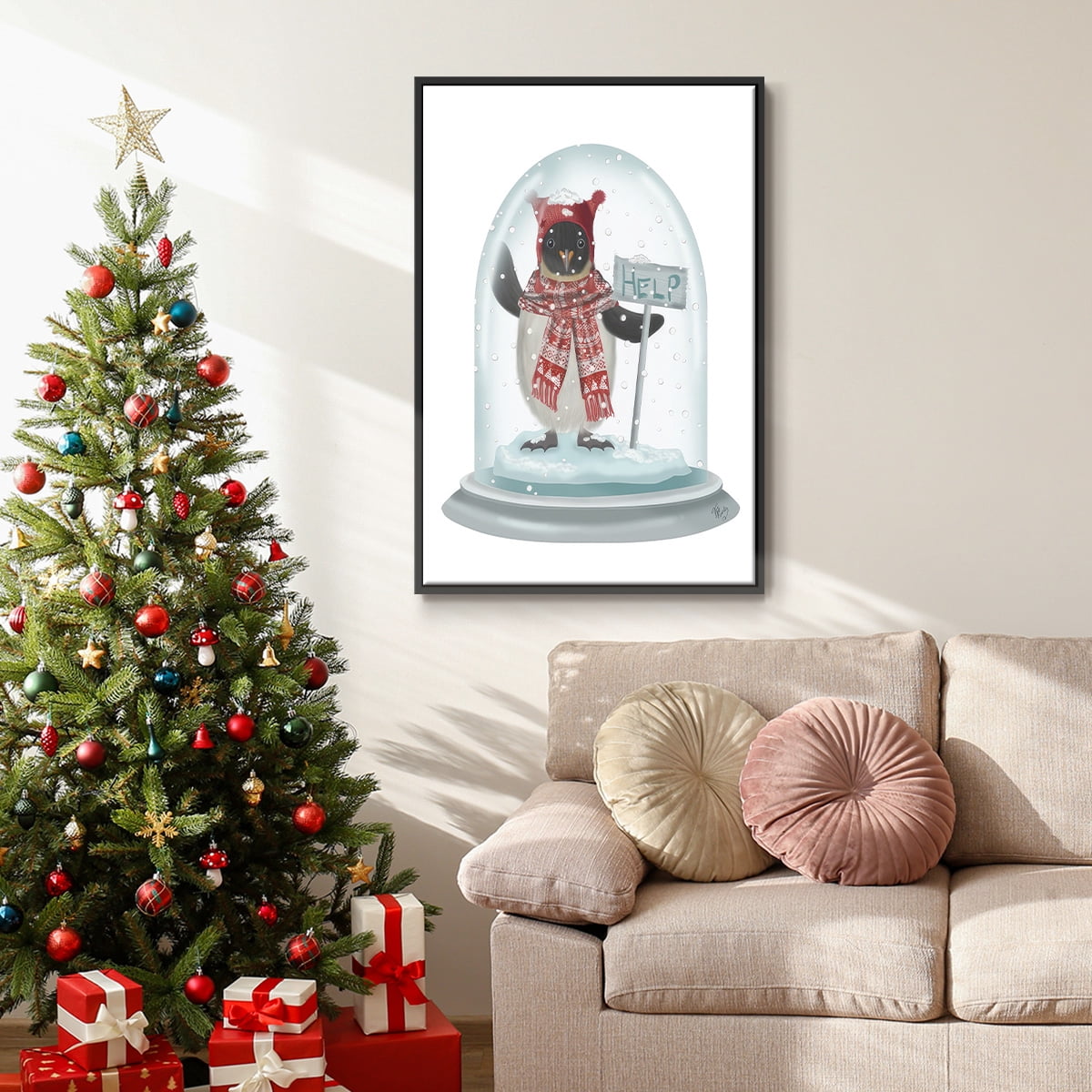 Christmas Penguin Snow Globe - Framed Gallery Wrapped Holiday Canvas - 17 x 25 - Black Frame