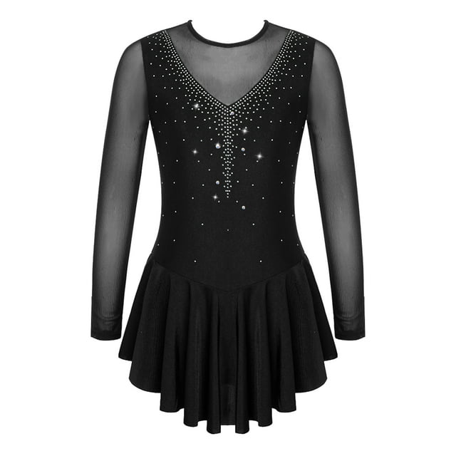 Miaeowve Kids Girls Figure Skating Dress Rhinestone Mesh Irregular Ballet Dan Dress Performance Dancewear Black 8
