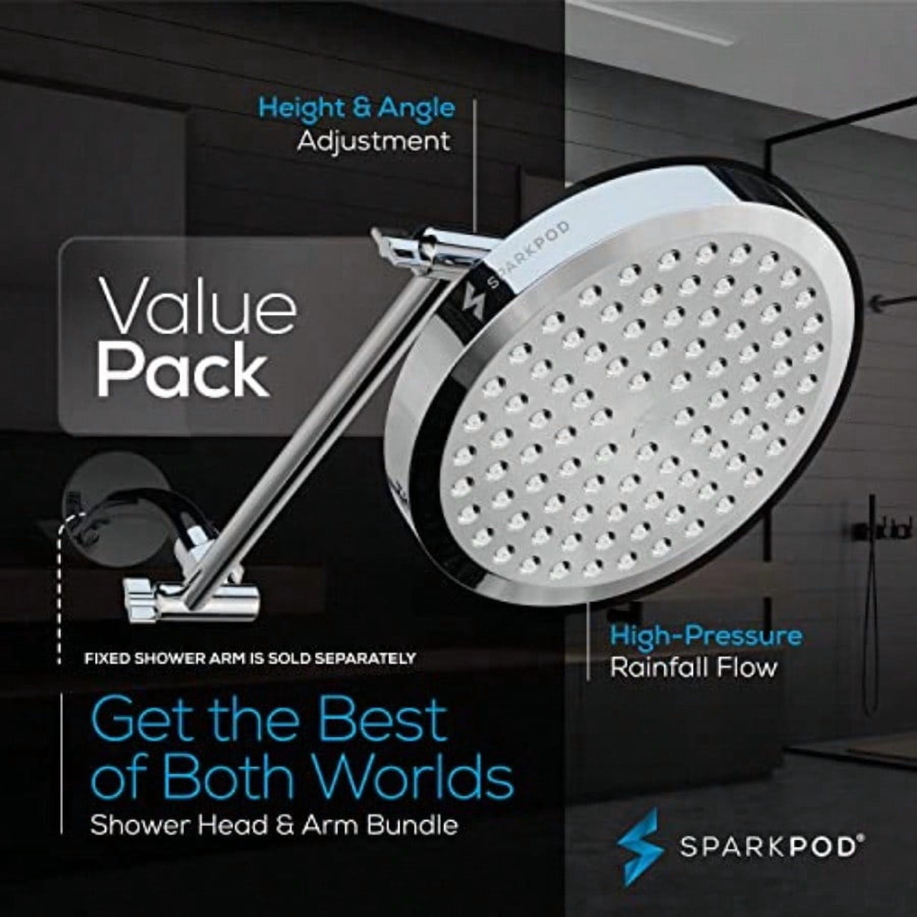 SparkPod Round Rain Shower Head with Extension Arm - Height Adjustable Shower Head with High Prure Performance - Easy 1-Minute Installation 11 Arm Extension Luxury Polished