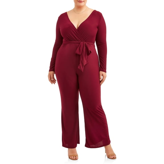 Ella Samani Women's Plus Size Long Sleeve Surplice Jumpsuit with Tie Belt