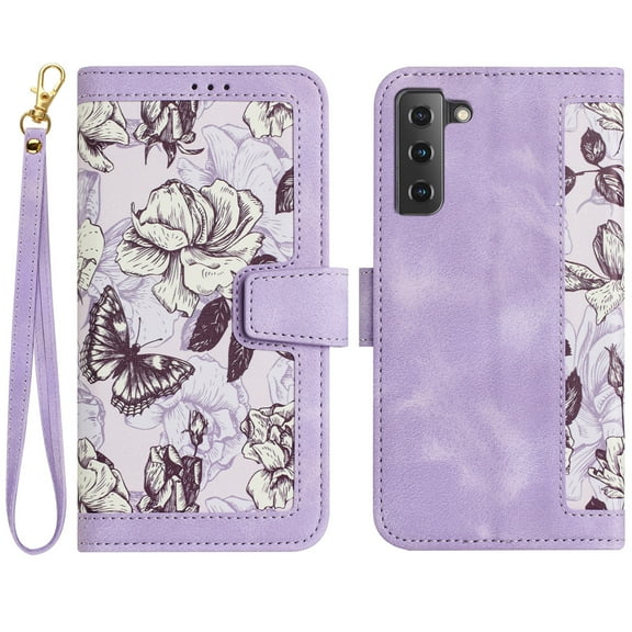 TECH CIRCLE Classic Flower Case for Samsung Galaxy S21 FE (6.4-inch) 2021 - Protective Lightweight Wallet Phone Case with [Card Slots /Wrist Strap] Fold Stand Portable Cute Leather Cover, Purple