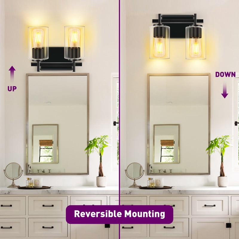 GCGAFUL Bathroom Vanity Light, 10.43 in. 2-Light Matte Black Modern Wall Sconce with Clear Glass Shade