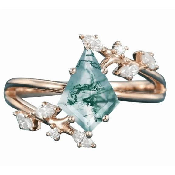Kite-Cut Natural Moss Agate & Lab-Created Moissanite Engagement Ring in 925 Sterling Silver for Women – Elegant, Unique, and Nature-Inspired Jewelry