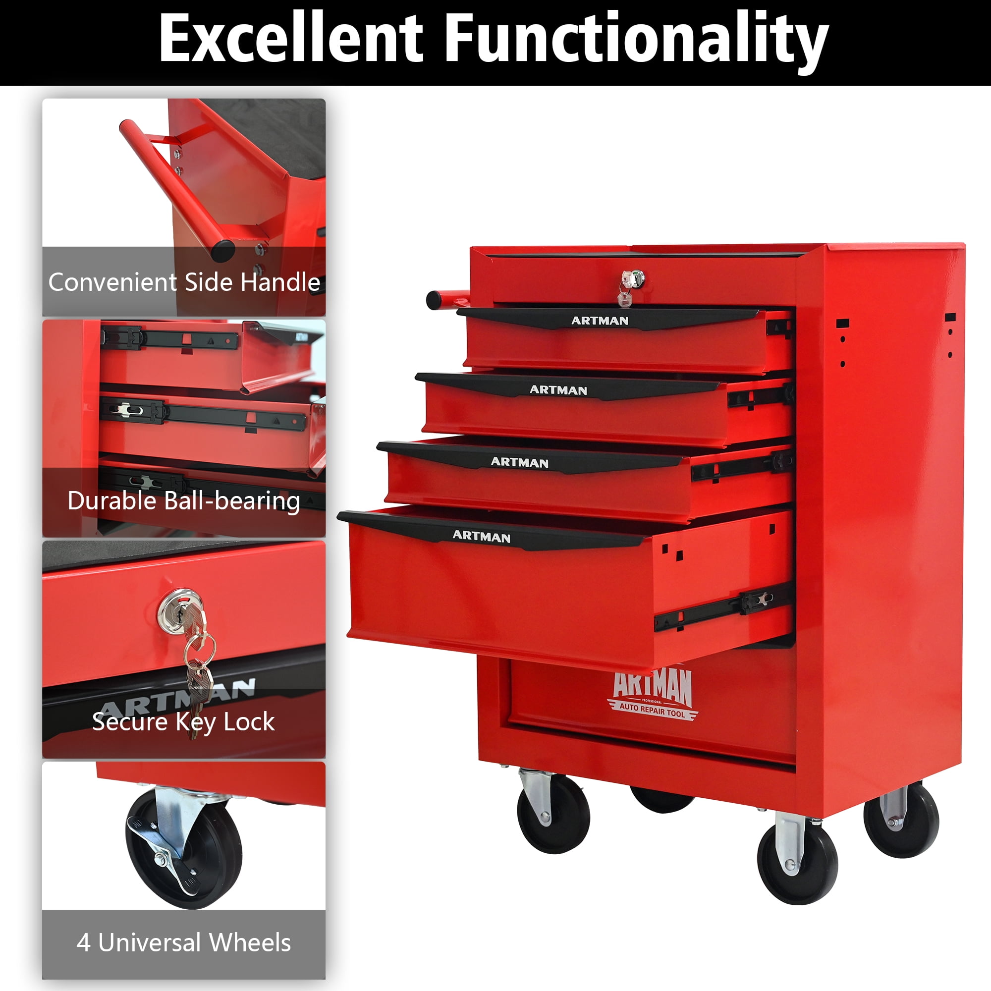 ARTMAN 20" 5-Drawer Rolling Metal Tool Chest ,Heavy Duty Industrial Service Cart Storage Organizer with Locking System for Garage Workshop Warehouse