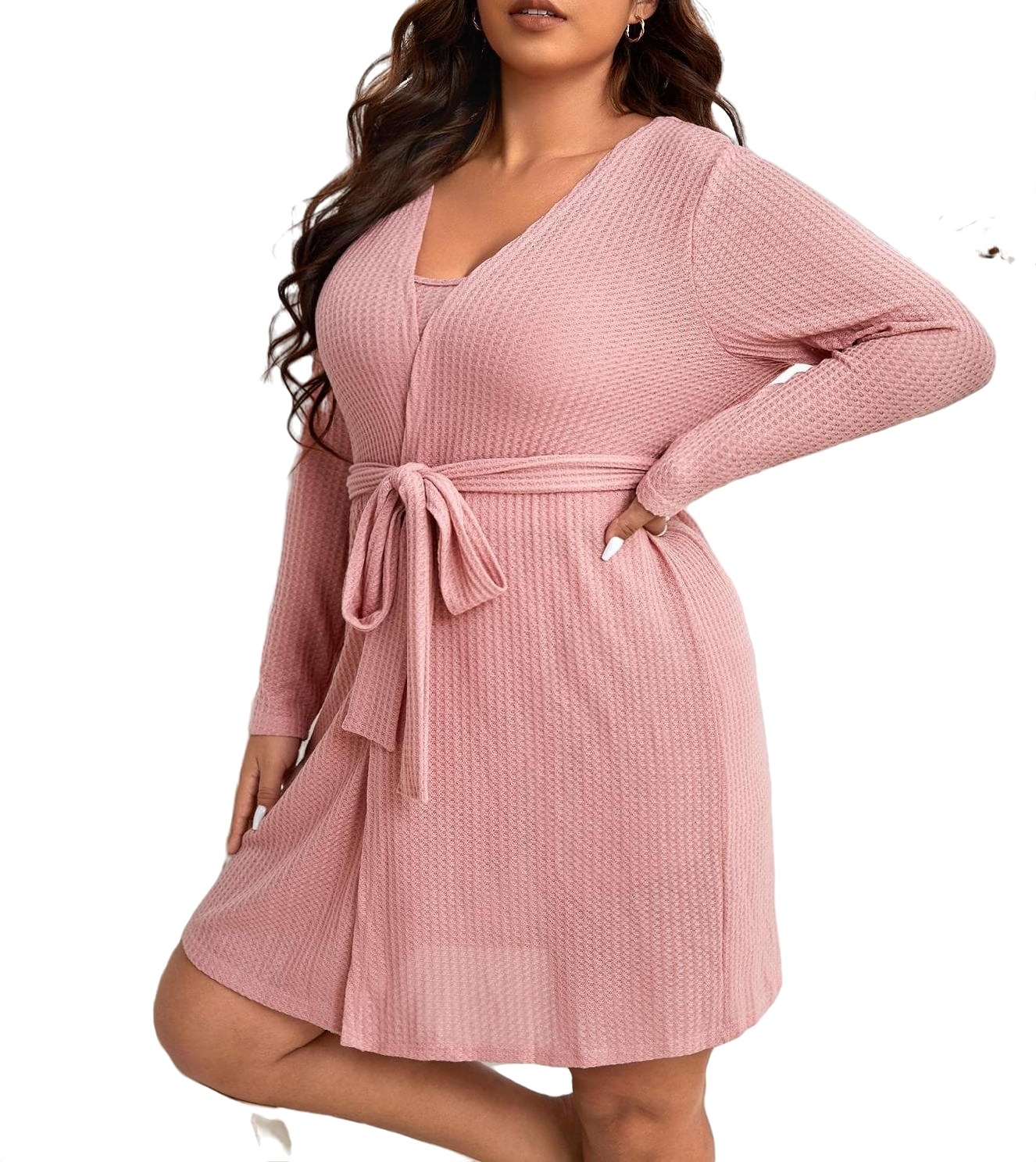 3pcs Casual Plain Spaghetti Strap Robe Sets Long Sleeve Dusty Pink Plus