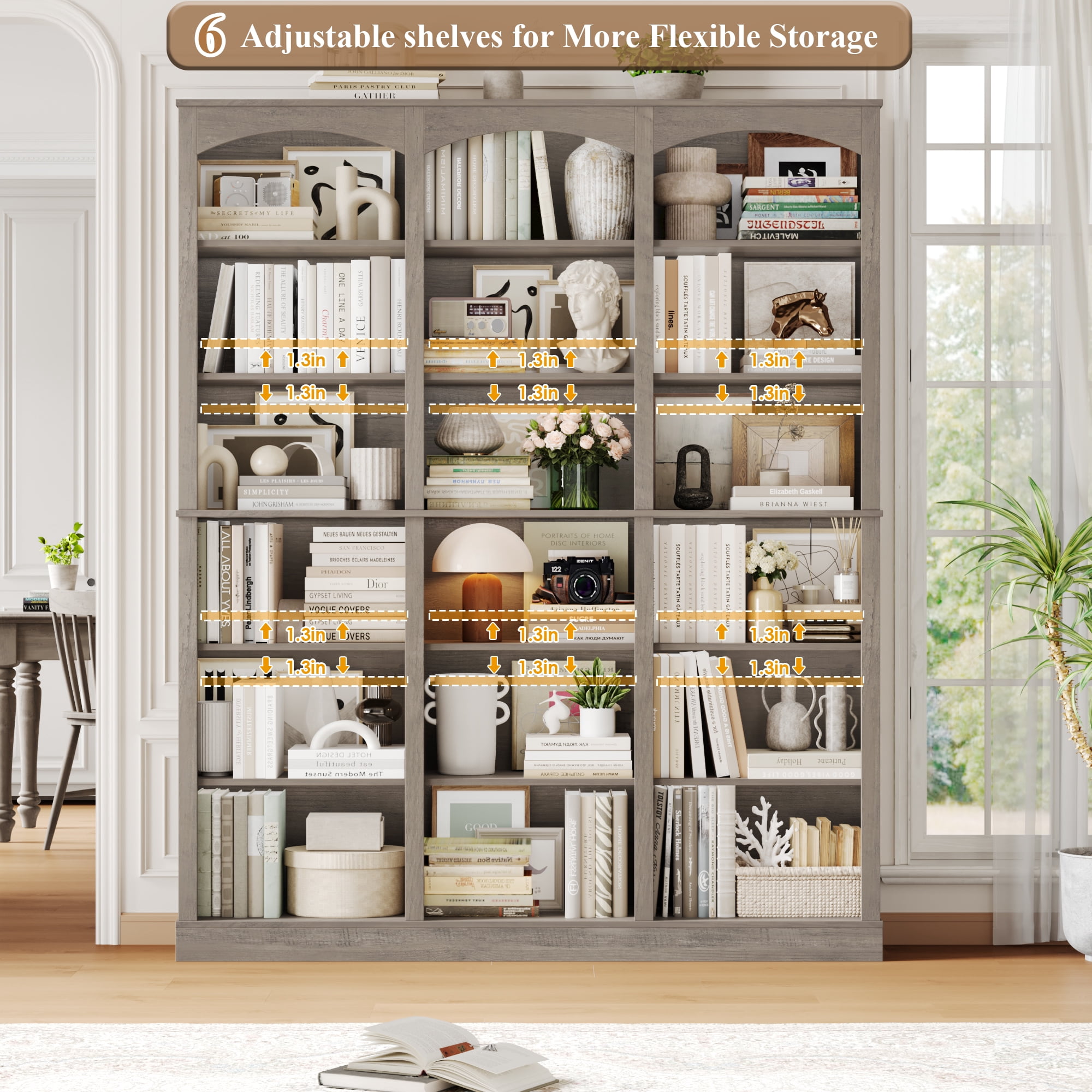 Homfa 18-Cube Bookcase and Bookshelves, 71.2" Triple Width 6 Tier Freestanding Arch Library Cabinet for Home Office Living Room, Wash Gray