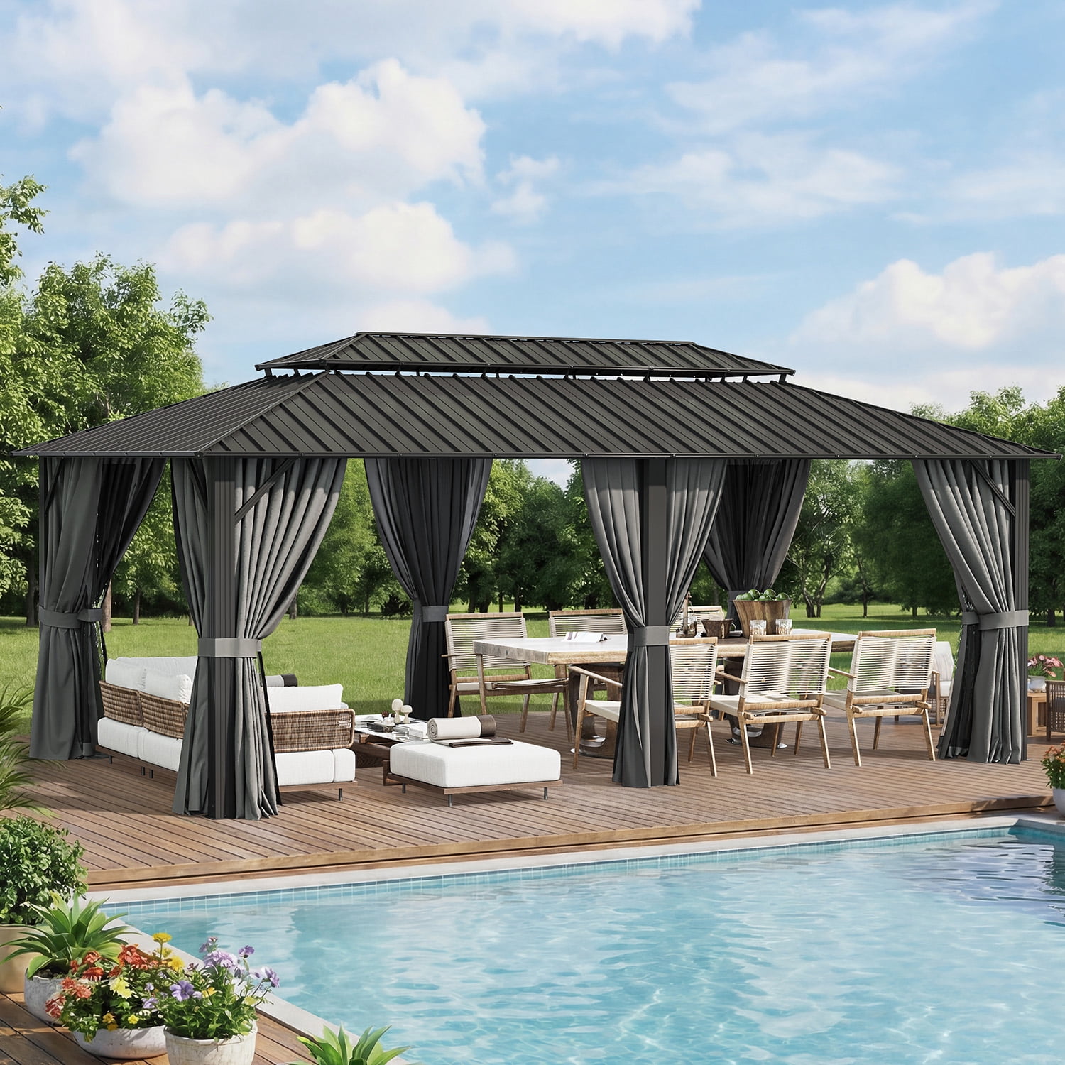 BaPiPro 12'x20' Hardtop Gazebo, Outdoor Steel Double Roof Metal Gazebo with Curtains and Nettings, Aluminum Frame Permanent Pavilion for Patio Garden Backyard, Gray
