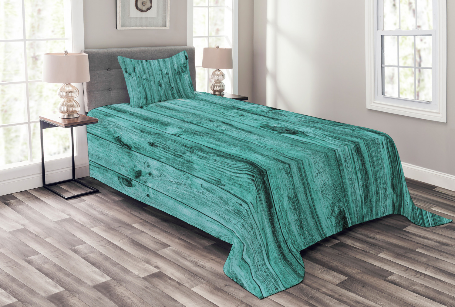Turquoise Bedspread Set, Wall of Turquoise Wooden Texture Background