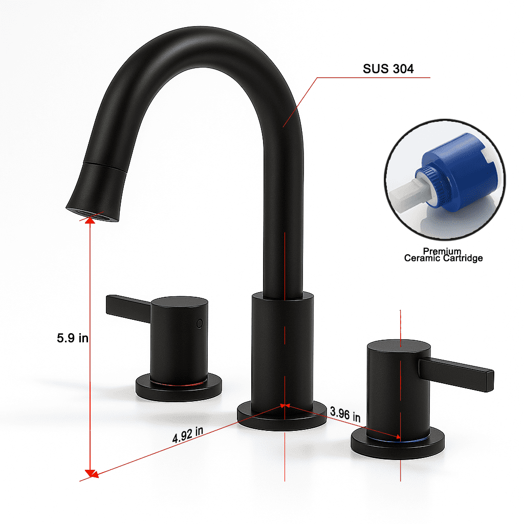 Brushed Nickel 3-Hole Bathroom Faucet, Dual 304 Stainless Steel Handles, Modern Lead-Free Ceramic Valve Faucet, 1.5 GPM Straight Spout for Sink
