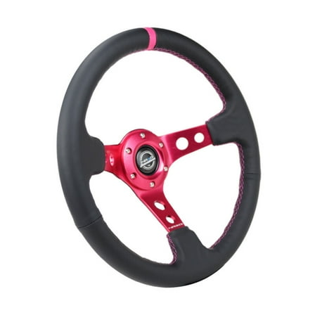 NRG Reinforced Steering Wheel (350mm/3in. Deep) Black Leather/ Fushia Center Mark/ Fushia Stitching