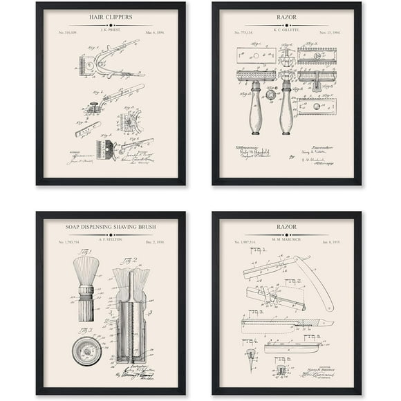 shiyou-4-Piece Barber's Hair Clipper Blueprint - Razor Patent Print - Shaving Brush Technical Drawing - Barber Shop Decor - 8x10 UNFRAMED Wall Art