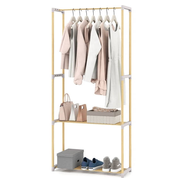 Costway Pine Wood Clothes Rack with 2-Tier Open Storage Shelf for Bedroom, Wardrobe Closet Natural and Gray