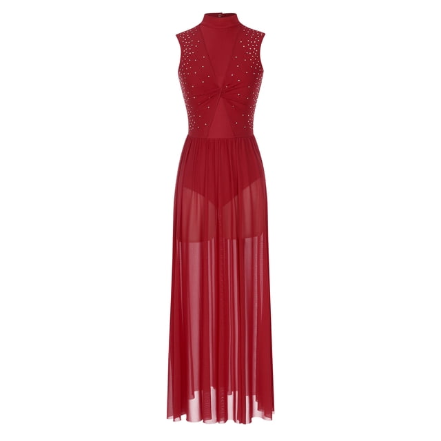 Moggemol Robe de Danse Lyrique Brillante pour Femmes Sans Manches Col Montant Superposé Bourgogne TTG