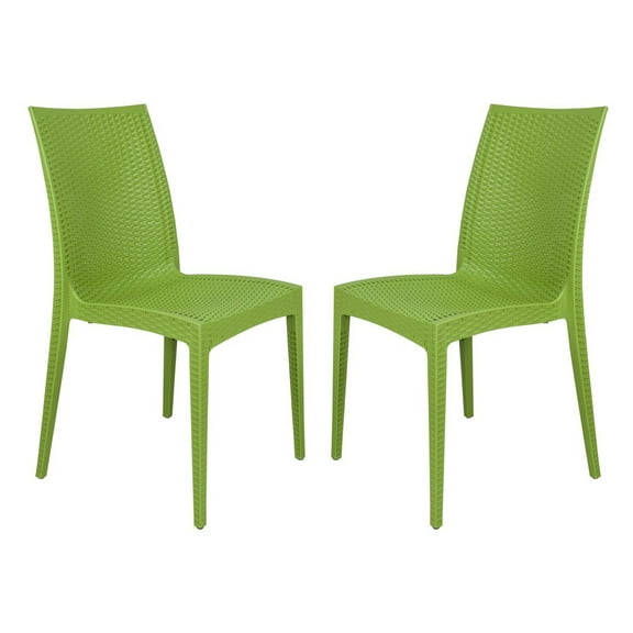 LeisureMod Modern Weave Mace Indoor Outdoor Dining Chair in Green Set of 2