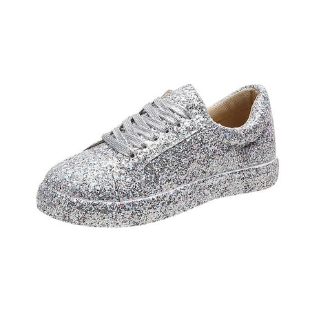 hopeusnice Clearance Women s Glitter Sneakers Lace Up Comfortable Low Top Shoes Sparkly Platform Walking Flats Breathable Fashion Sneakers Silver 43
